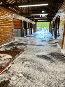 Photo of an interior of a horse barn that has been foamed with a chemical